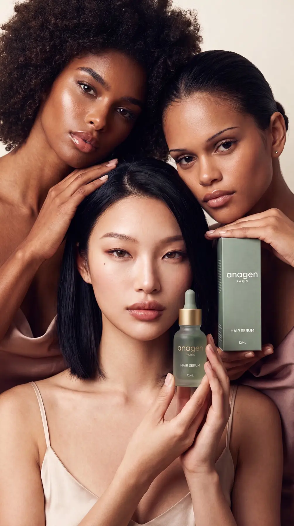 Three models presenting Anagen Paris Hair Serum
