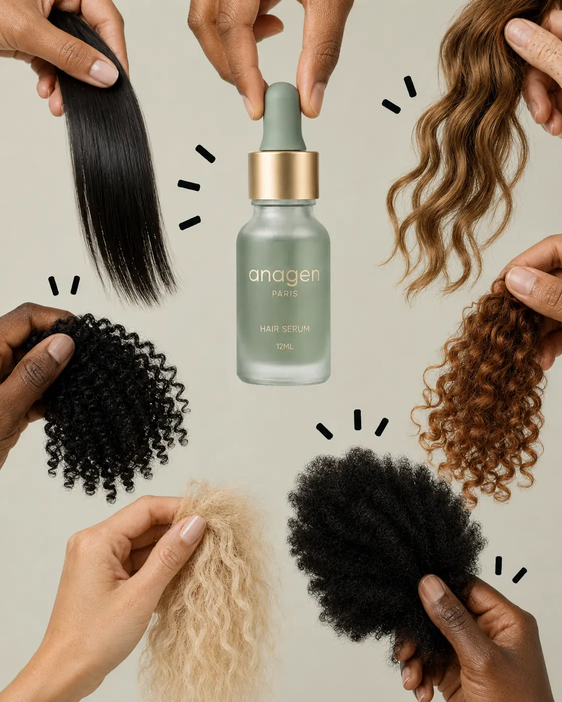 Anagen Paris Hair Serum surrounded by different hair textures